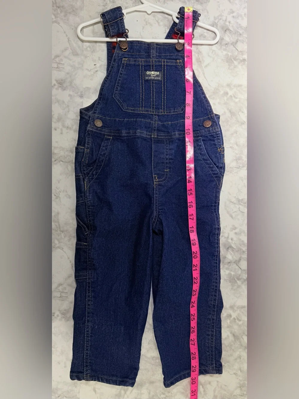 Classic Denim Overalls Dark Blue with red/black buffalo check - Osh Kosh